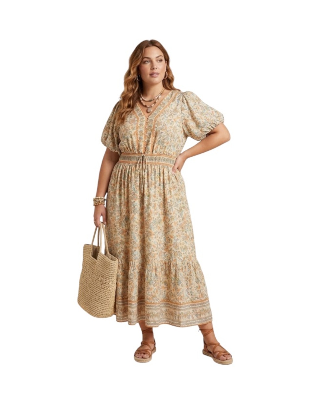 LEA Cotton Midi Dress Puff Sleeve Floral V-Neck Boho Short Sleeve Dress 3X